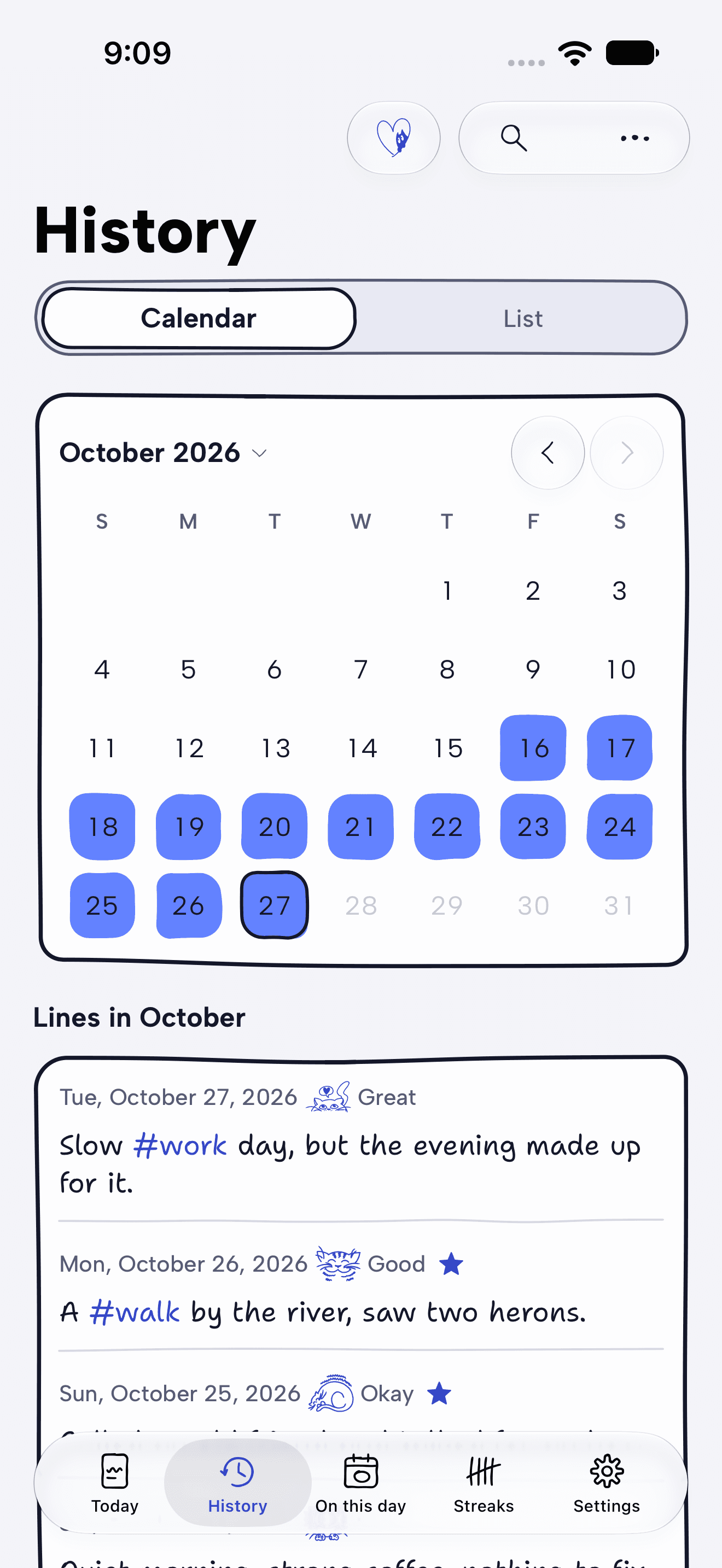 The History calendar with the written days marked